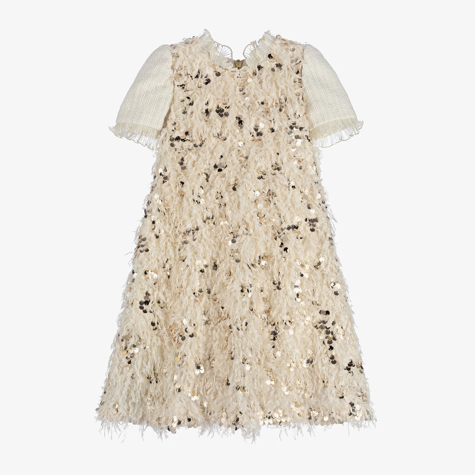 Girls Ivory Feather Sequin & Tweed Dress