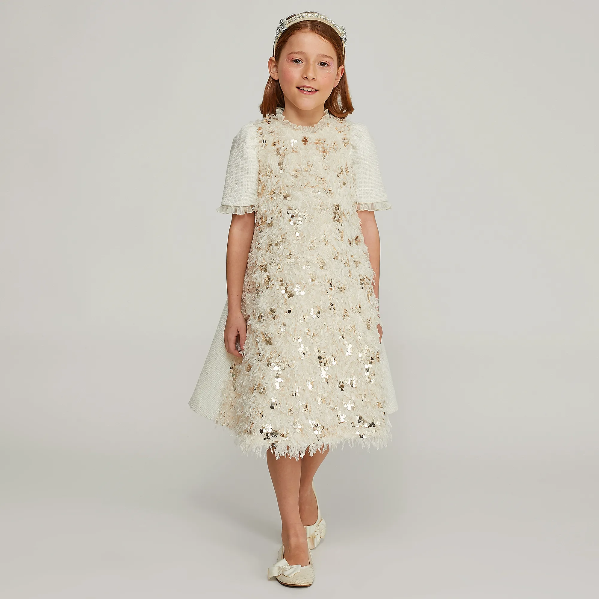 Girls Ivory Feather Sequin & Tweed Dress