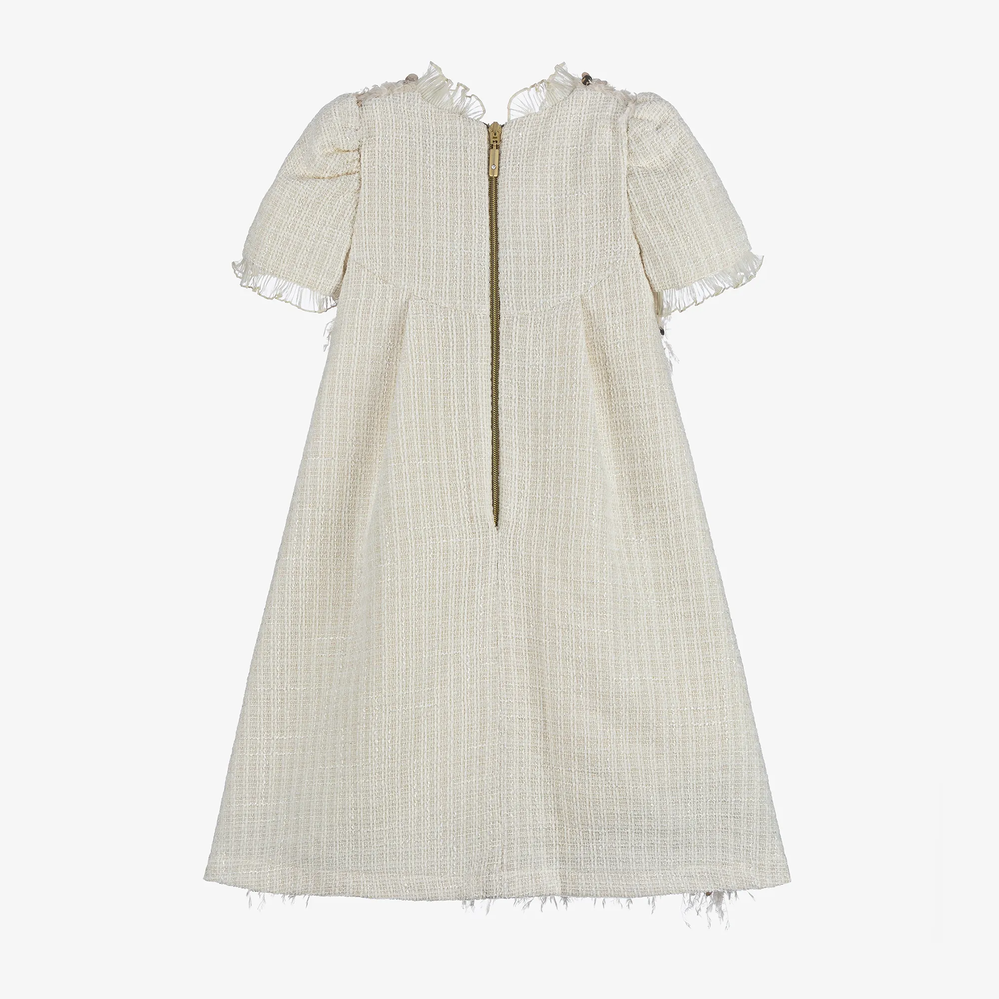 Girls Ivory Feather Sequin & Tweed Dress