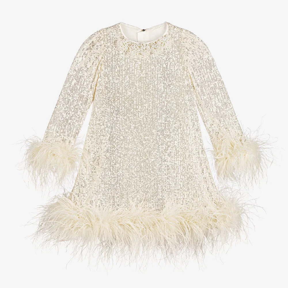 Girls Ivory Sequin Feather Dress