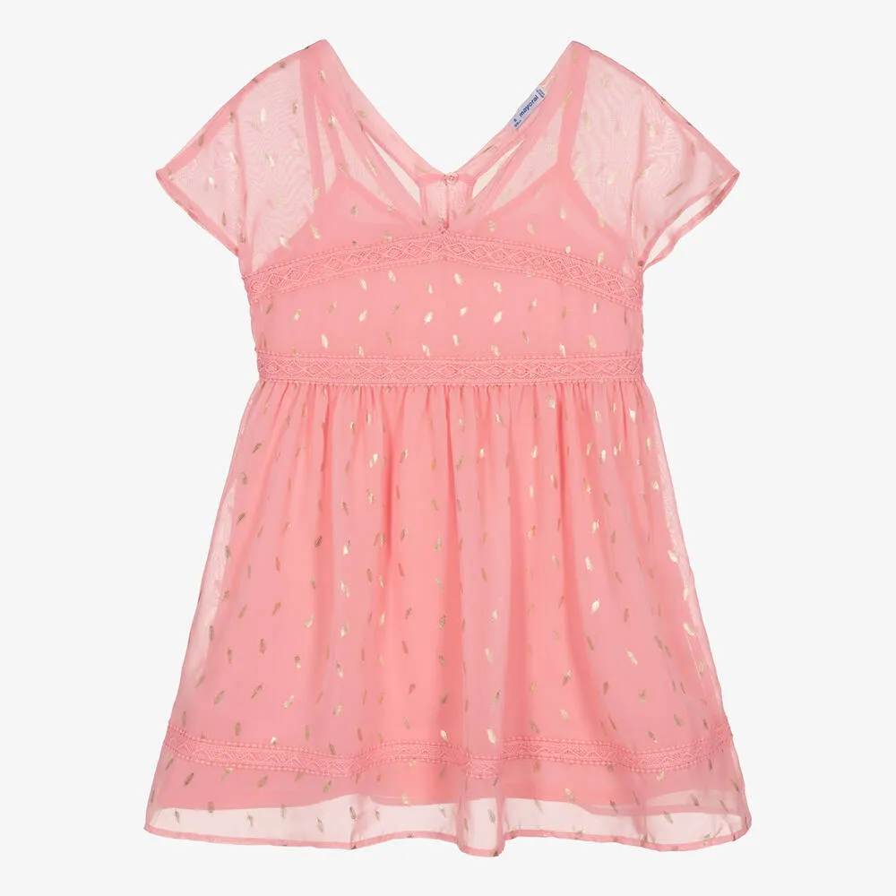 Girls Pink & Gold Feather Chiffon Dress