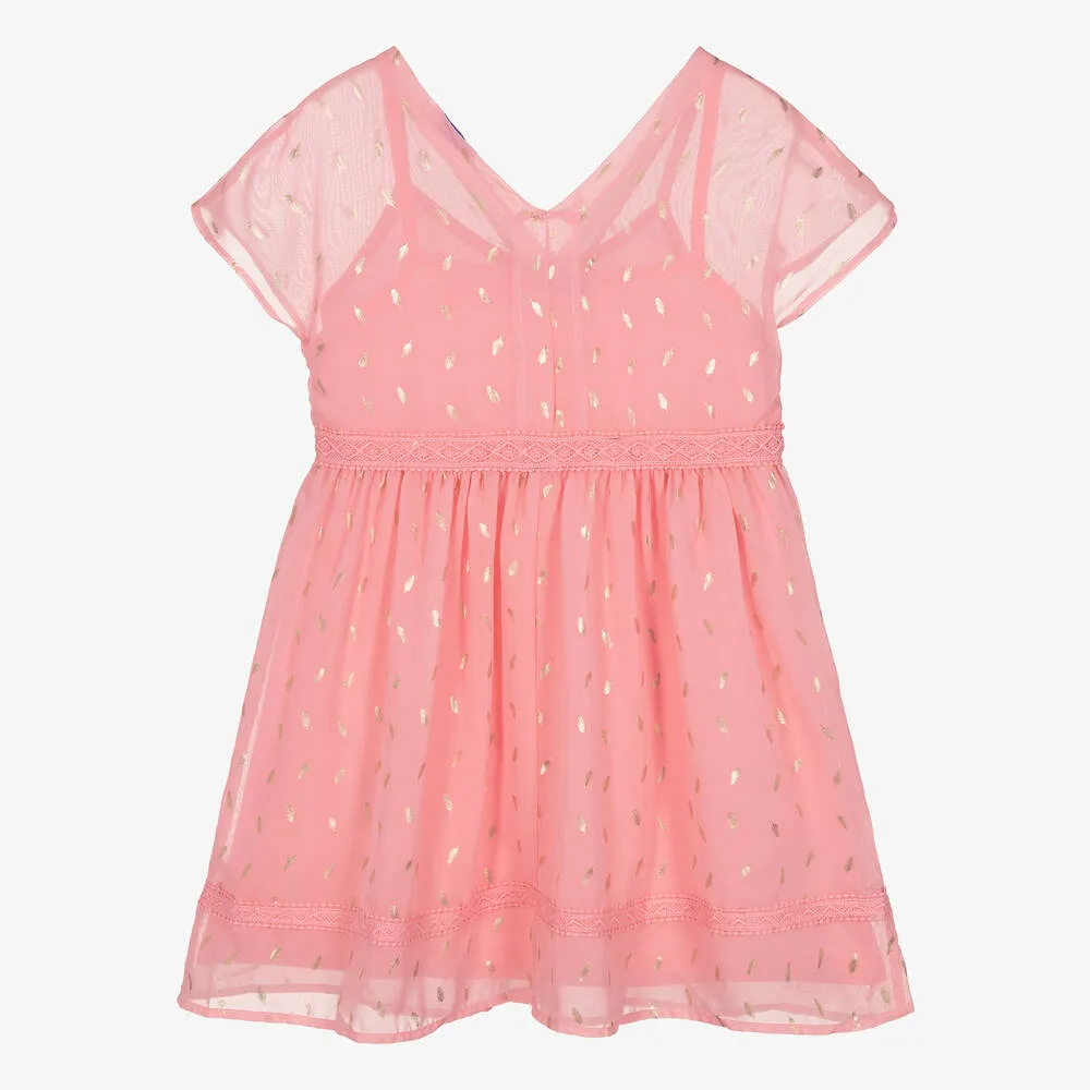 Girls Pink & Gold Feather Chiffon Dress