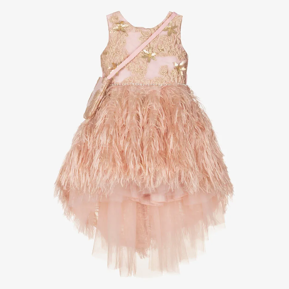 Girls Pink & Gold Feather Organza Dress Set