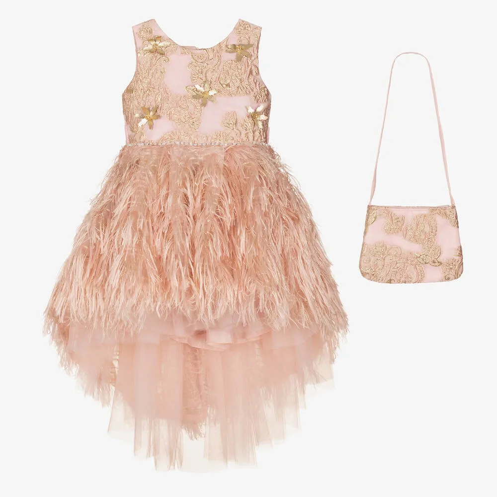 Girls Pink & Gold Feather Organza Dress Set