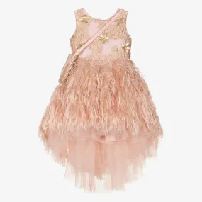 Girls Pink & Gold Feather Organza Dress Set