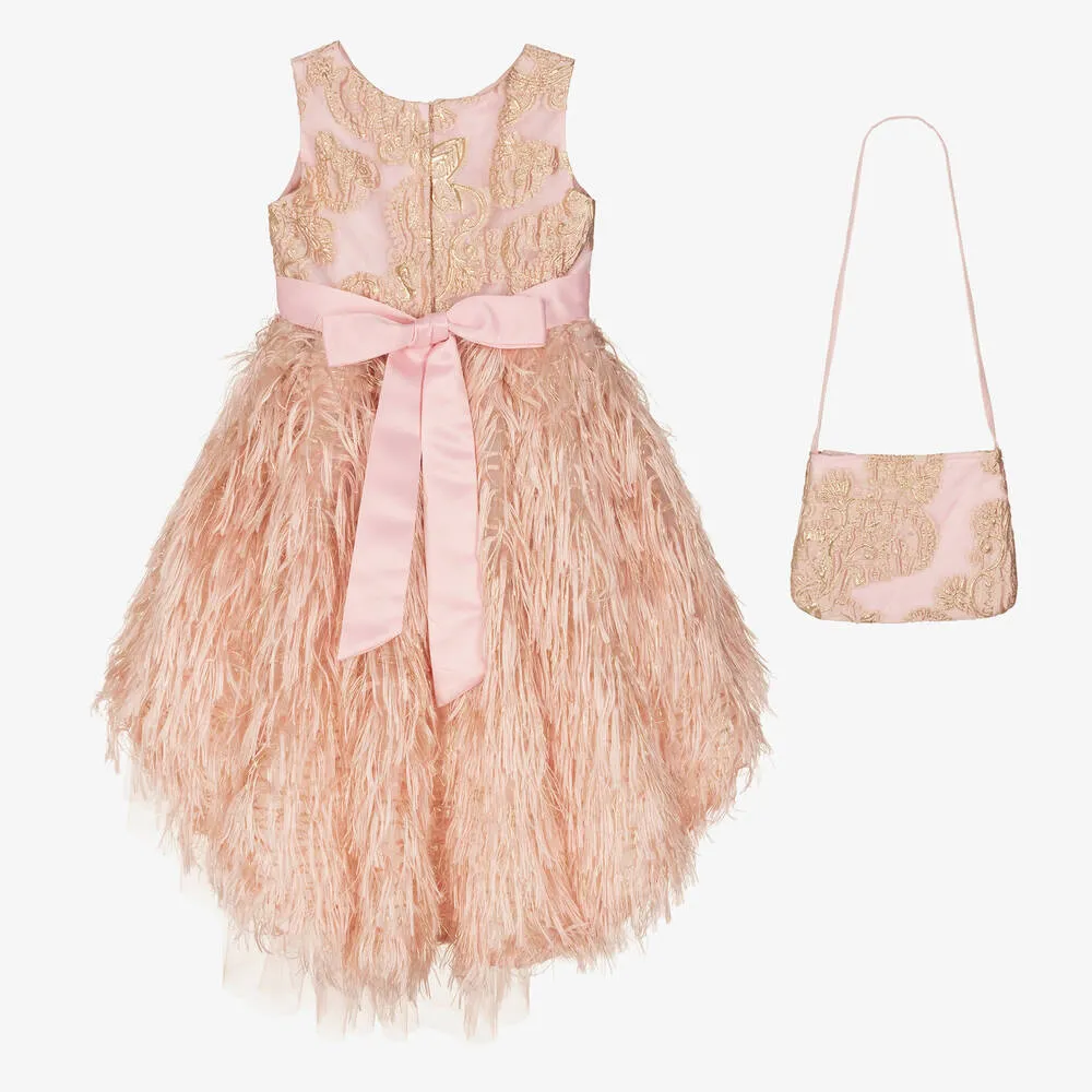 Girls Pink & Gold Feather Organza Dress Set