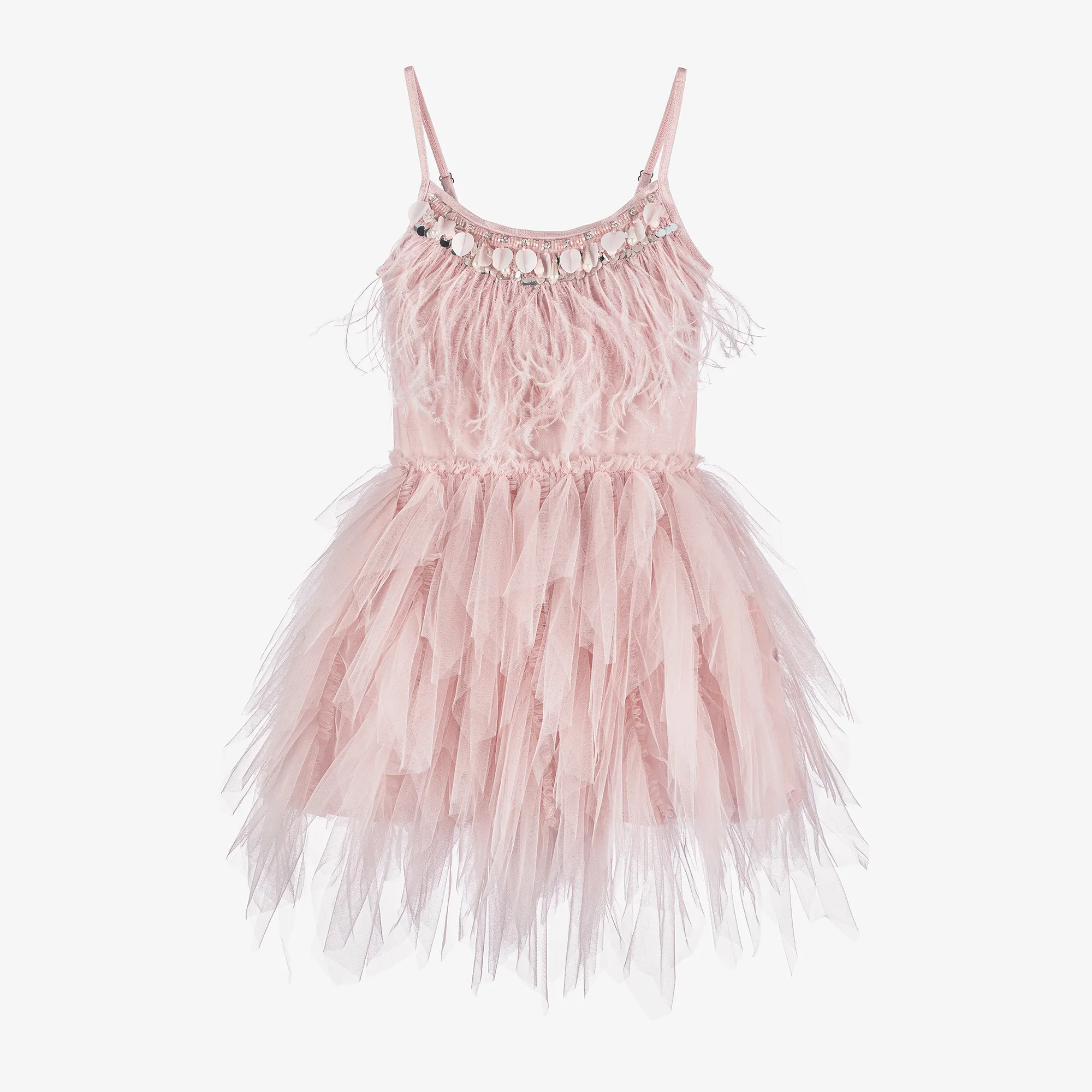 Girls Pink Feather & Bead Tulle Dress