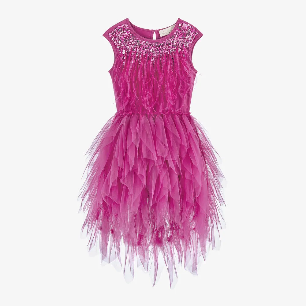 Girls Pink Sequin, Feather & Tulle Dress