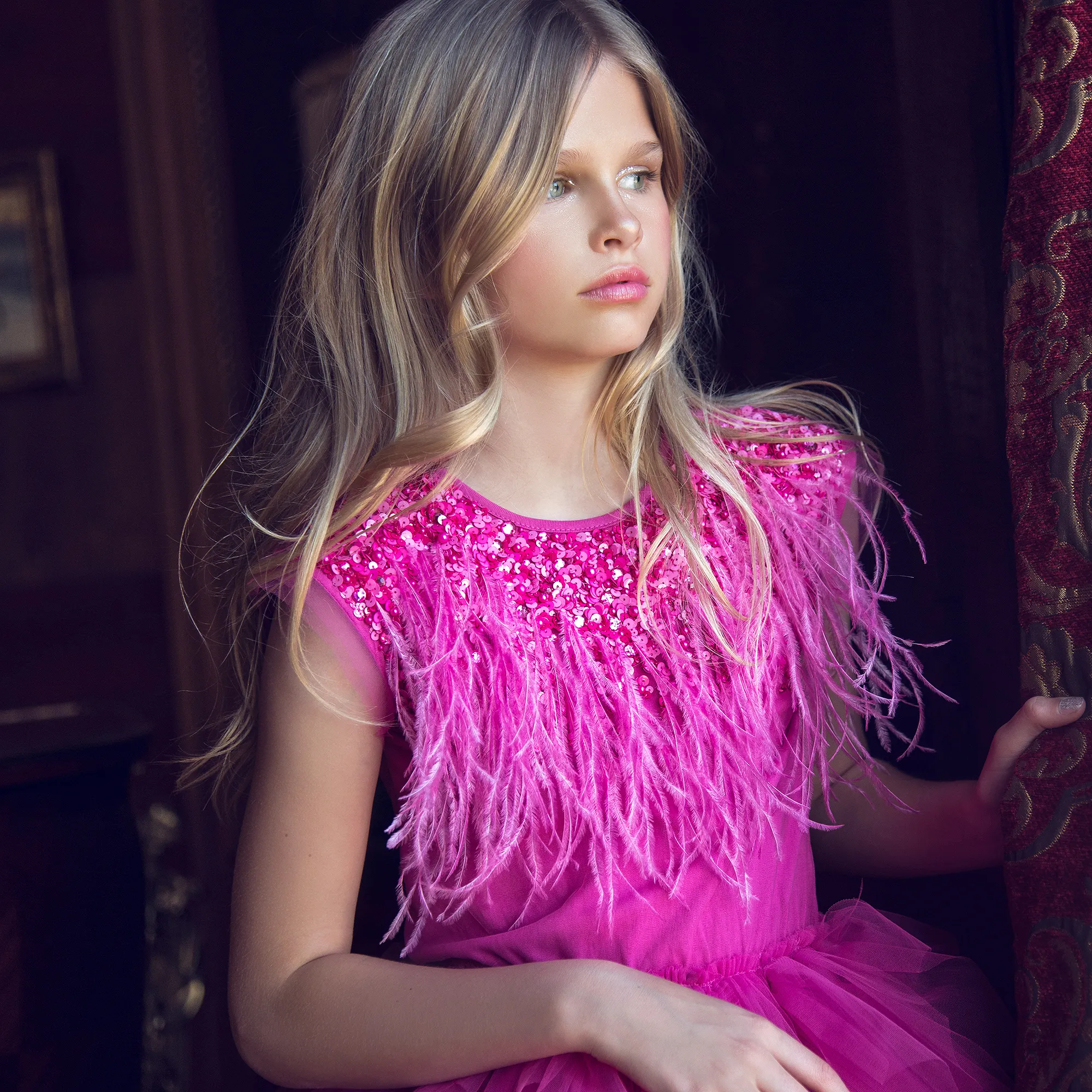 Girls Pink Sequin, Feather & Tulle Dress