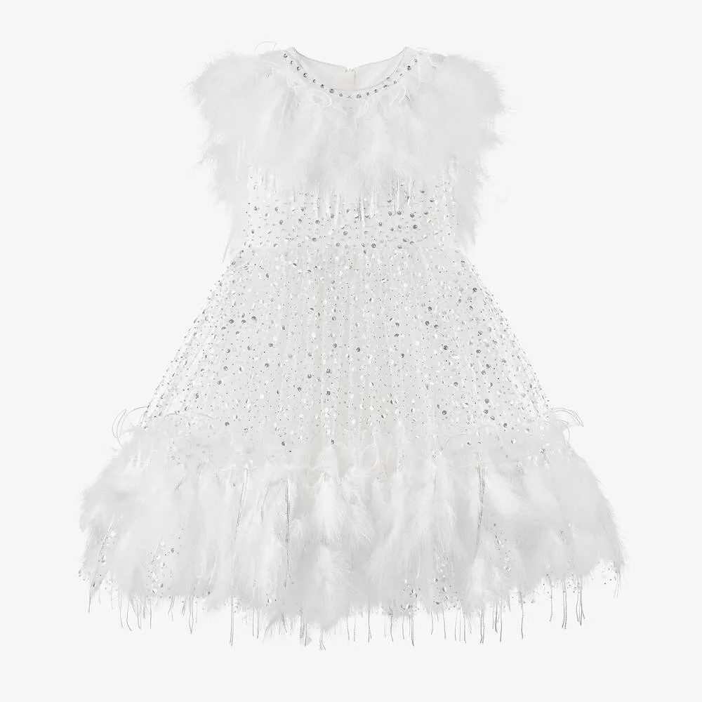 Girls White Sequin Feather Dress