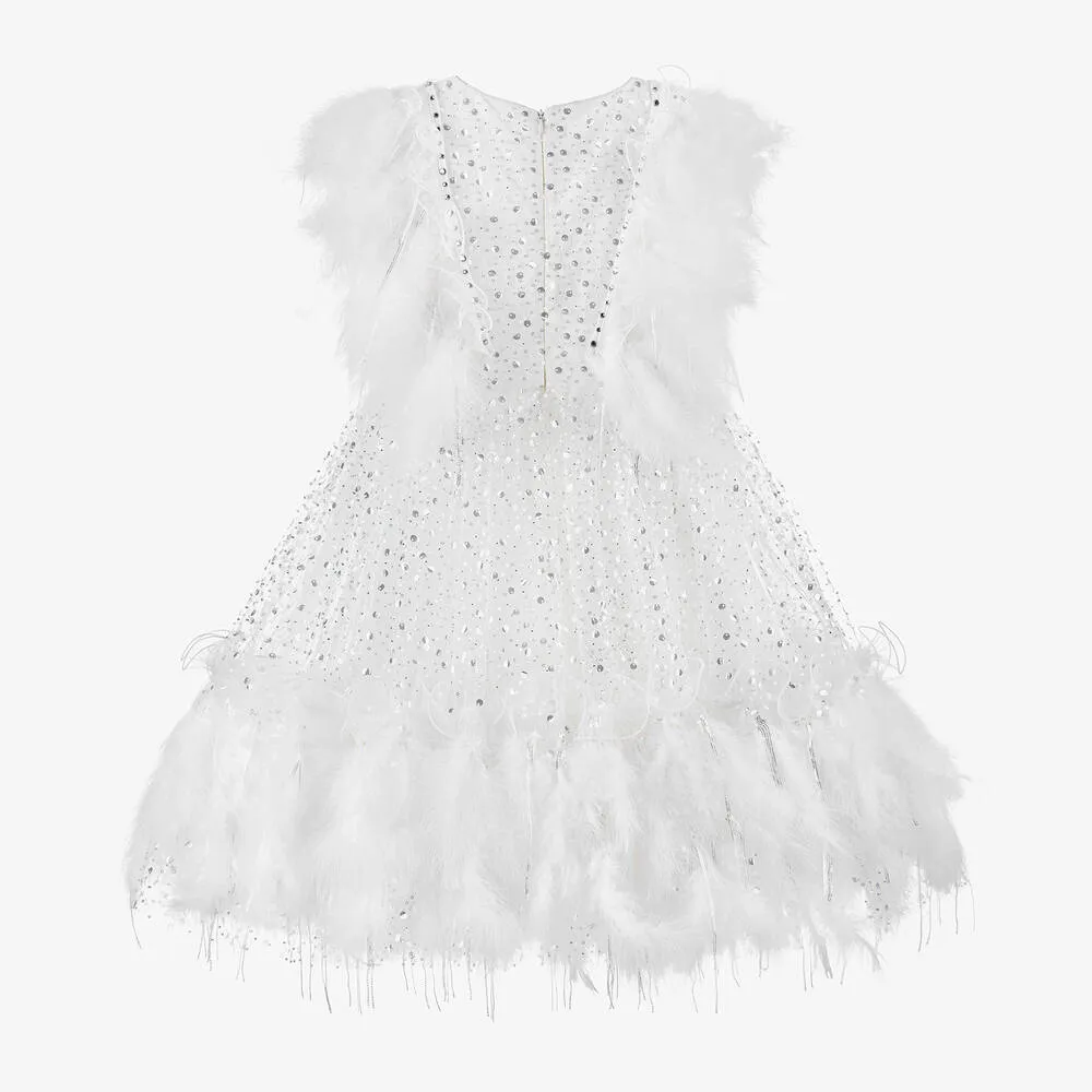 Girls White Sequin Feather Dress