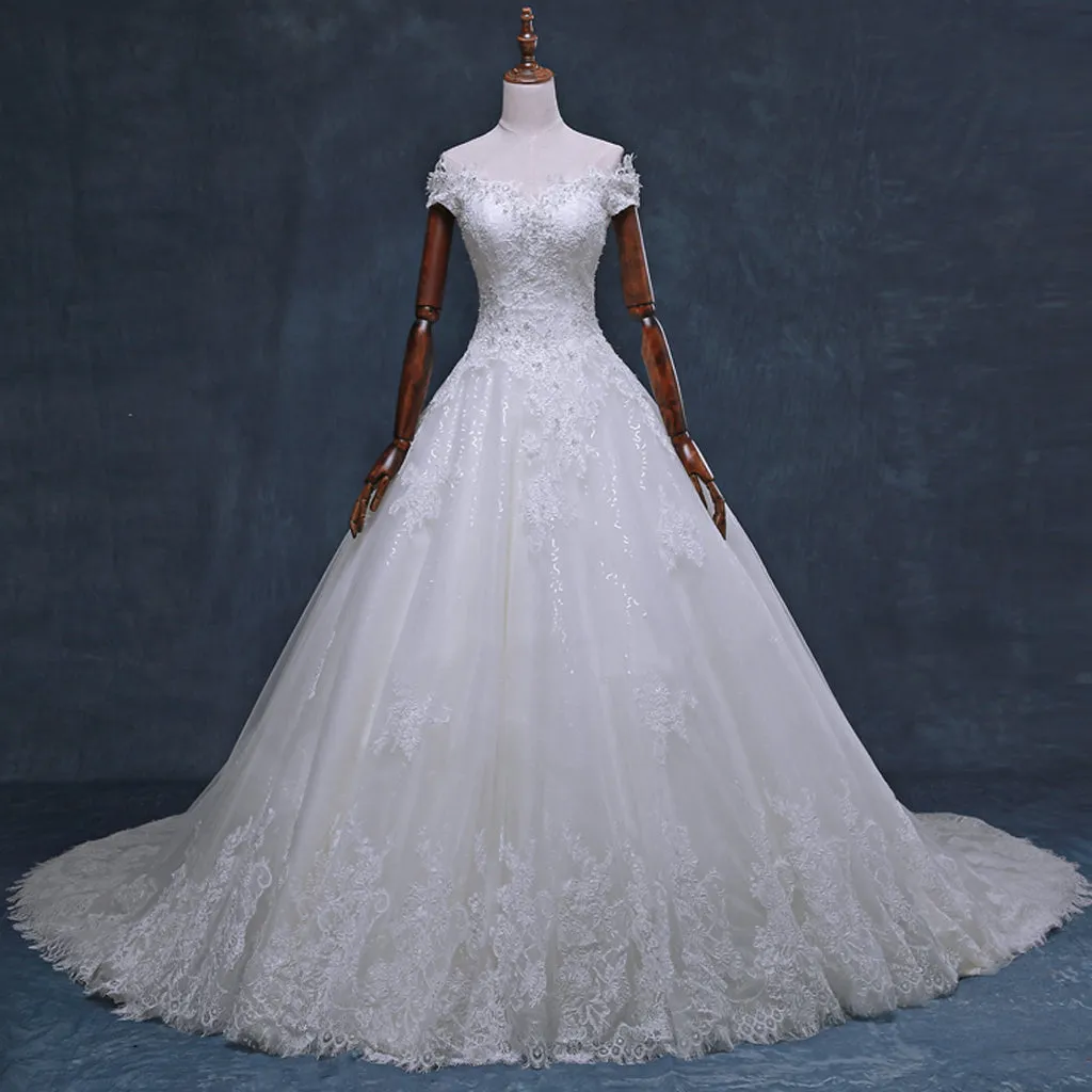 Gorgeous Off Shoulder Short Sleeve Lace Appliques Beading Sparkly Ball Gown Cathedral Train Wedding Dress,DB091