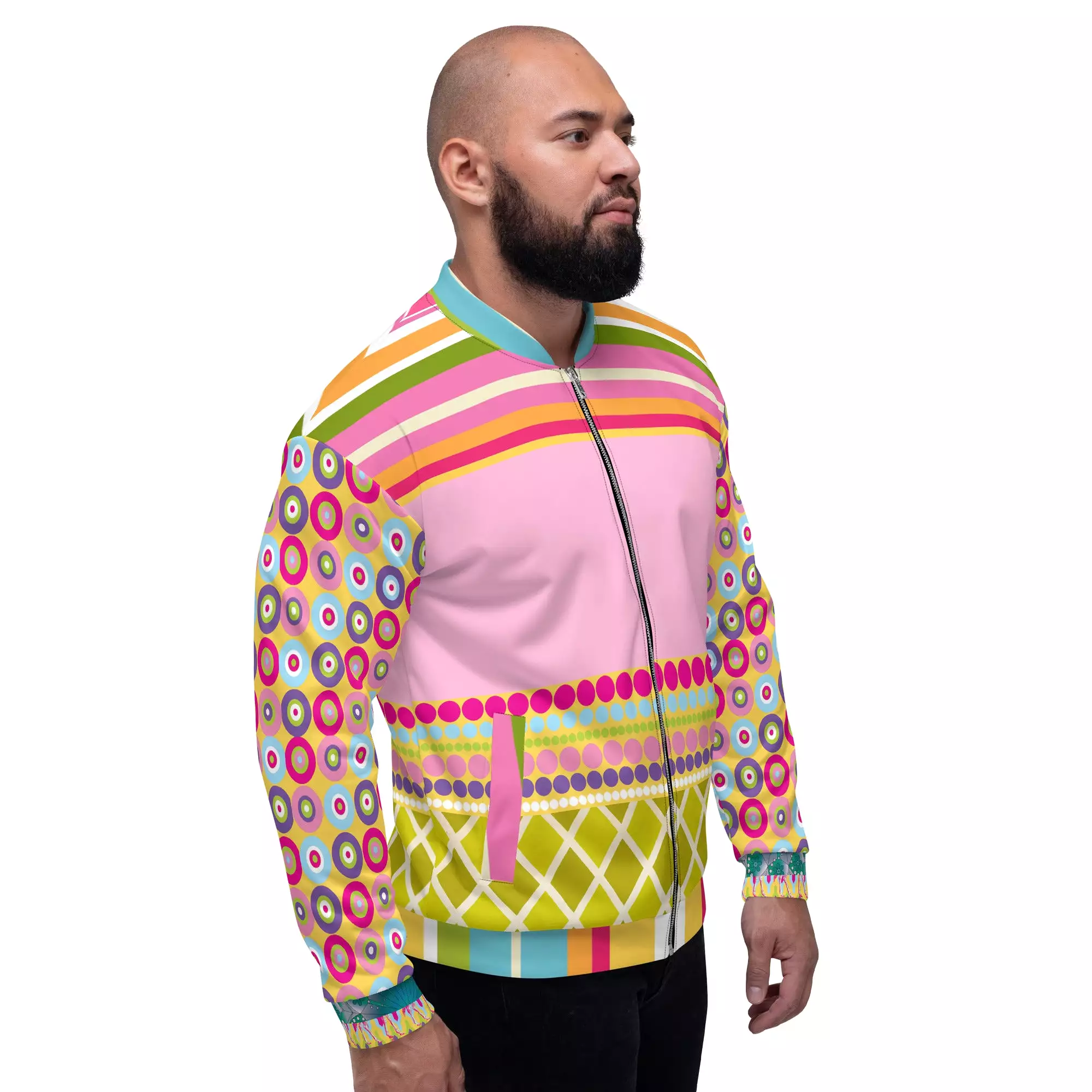 Hello Janis! Pink Patchwork Unisex Bomber Jacket