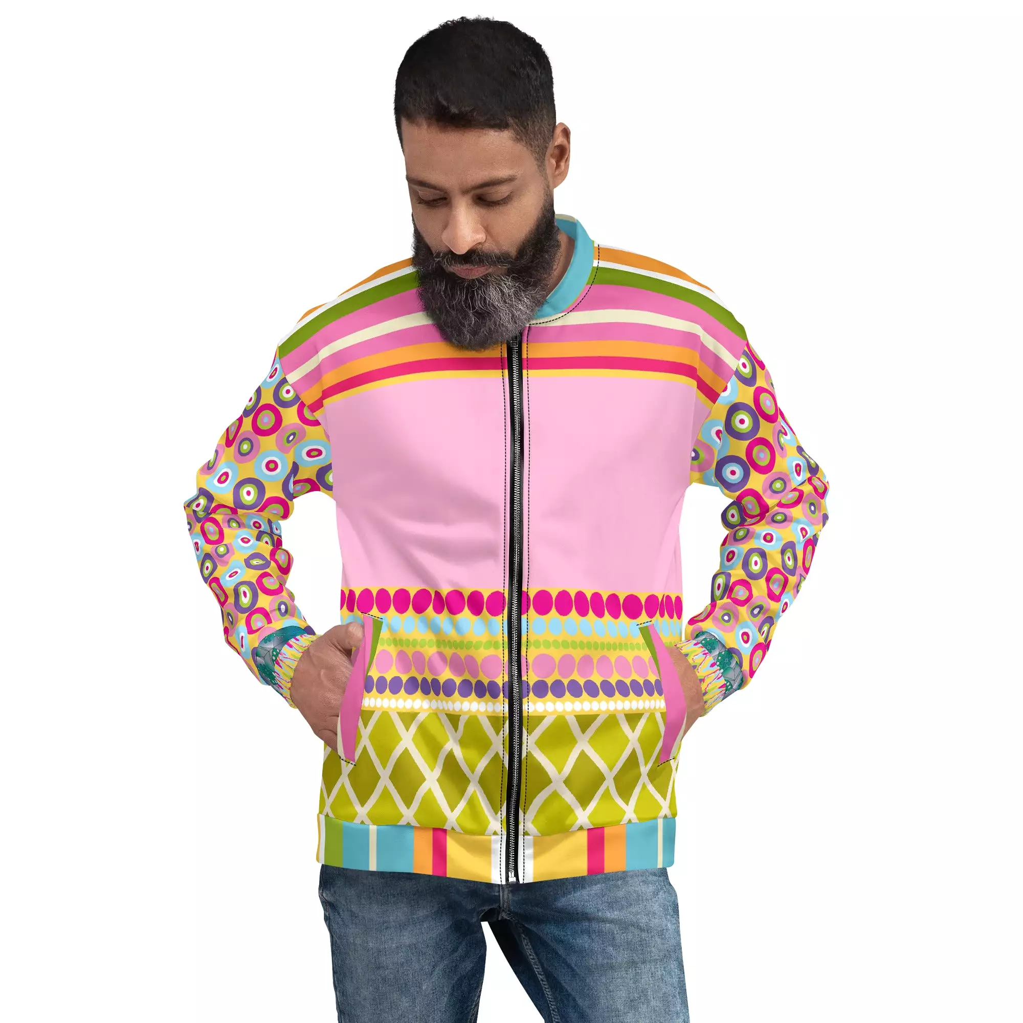 Hello Janis! Pink Patchwork Unisex Bomber Jacket