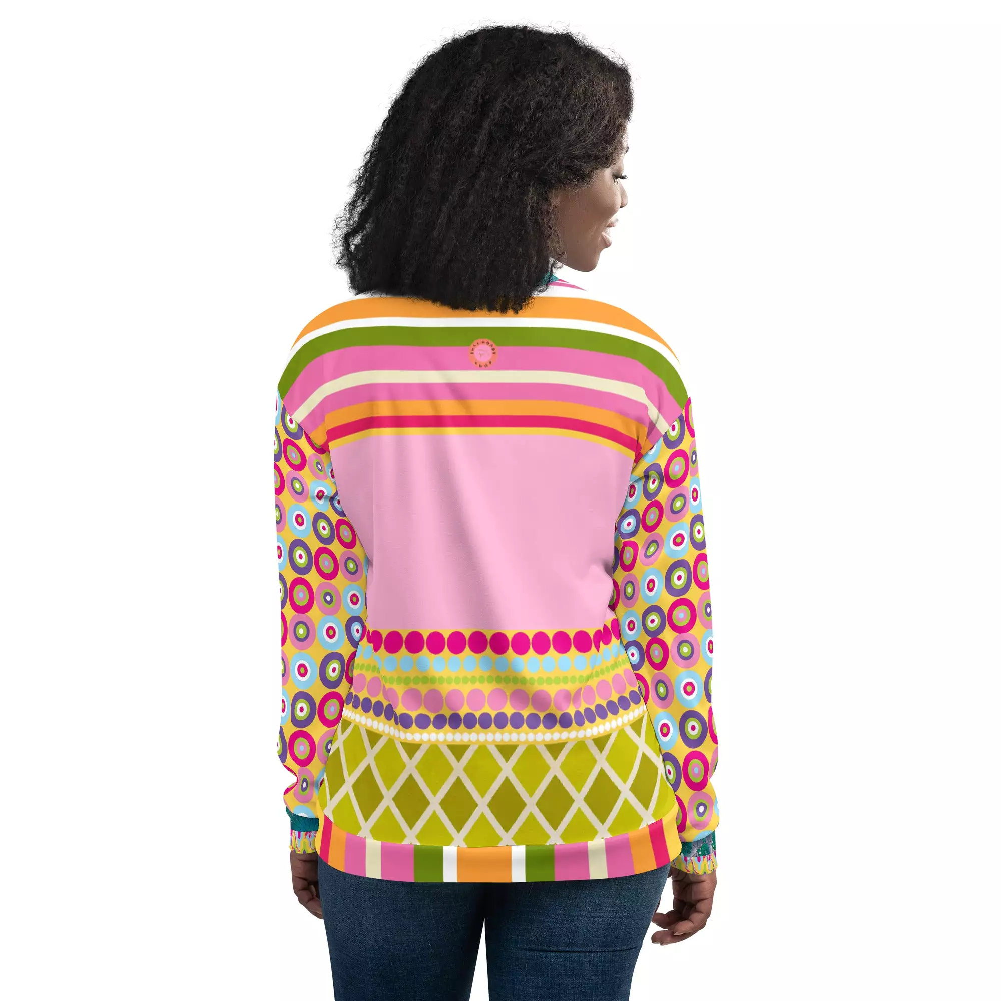 Hello Janis! Pink Patchwork Unisex Bomber Jacket