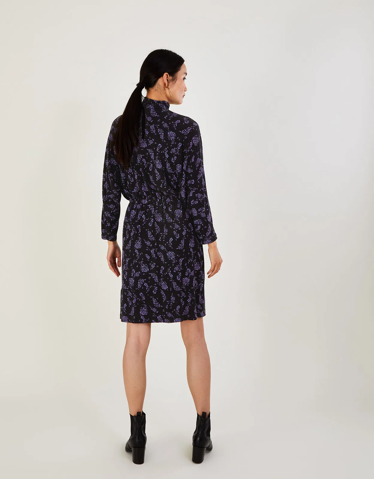 High Neck Feather Print Jersey Dress Black