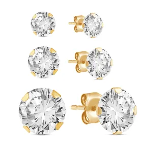 Jewelili 10K Yellow Gold with Cubic Zirconia Stud Earrings Set