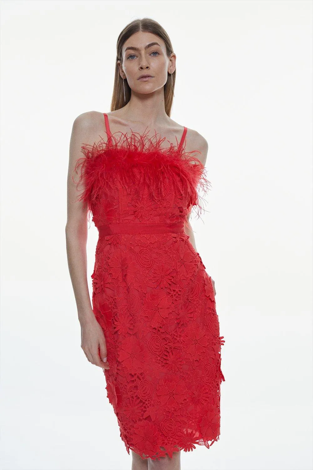 Lace Feather Bardot Woven Midi Dress | Karen Millen