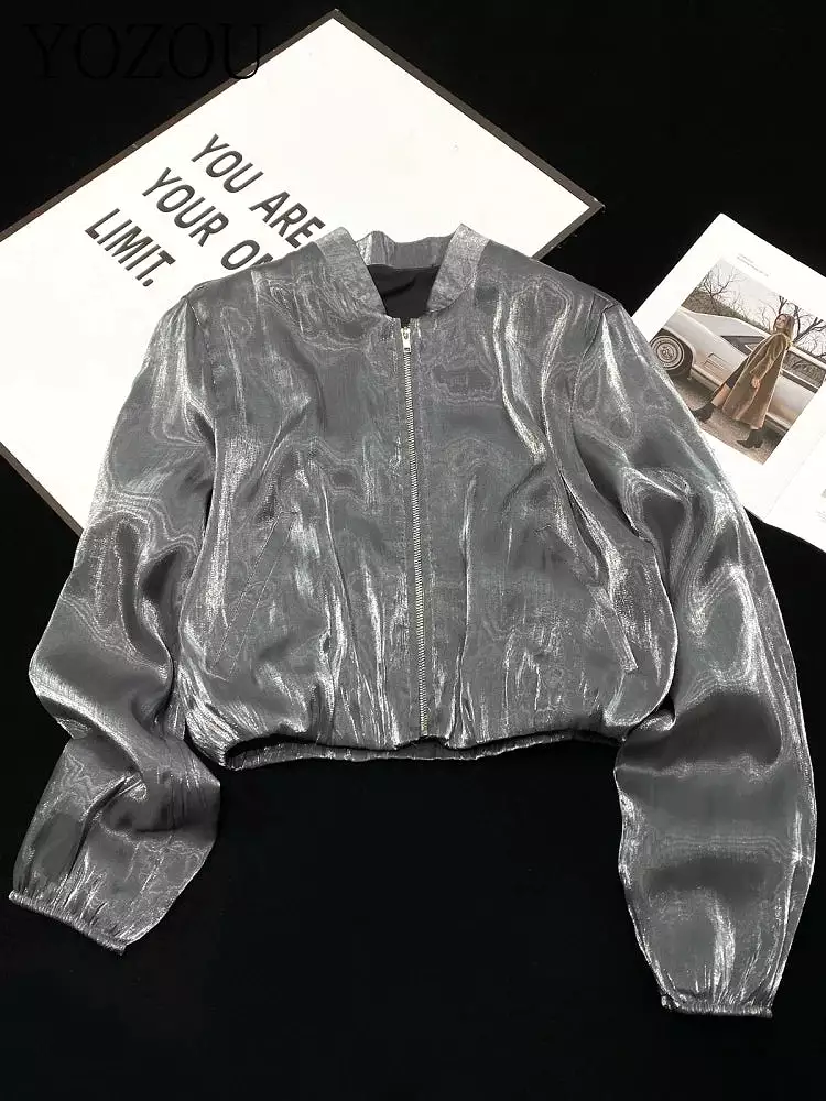 Luxury Spring Shiny Silver Silk Satin Bomber Jacket Zipper Coat Short Baseball Jackets