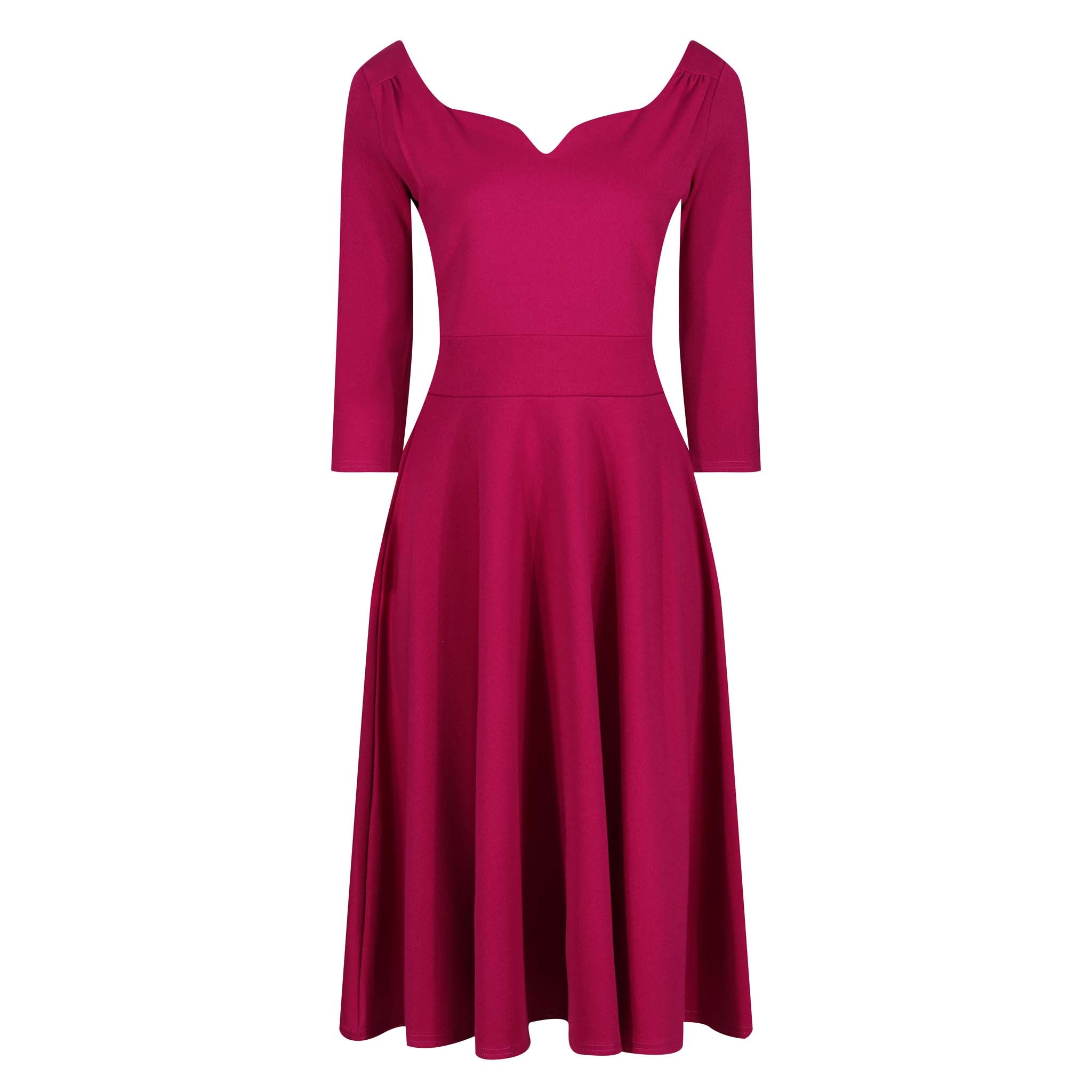 Magenta Diamond Neckline 3/4 Sleeve Vintage Swing Midi Dress