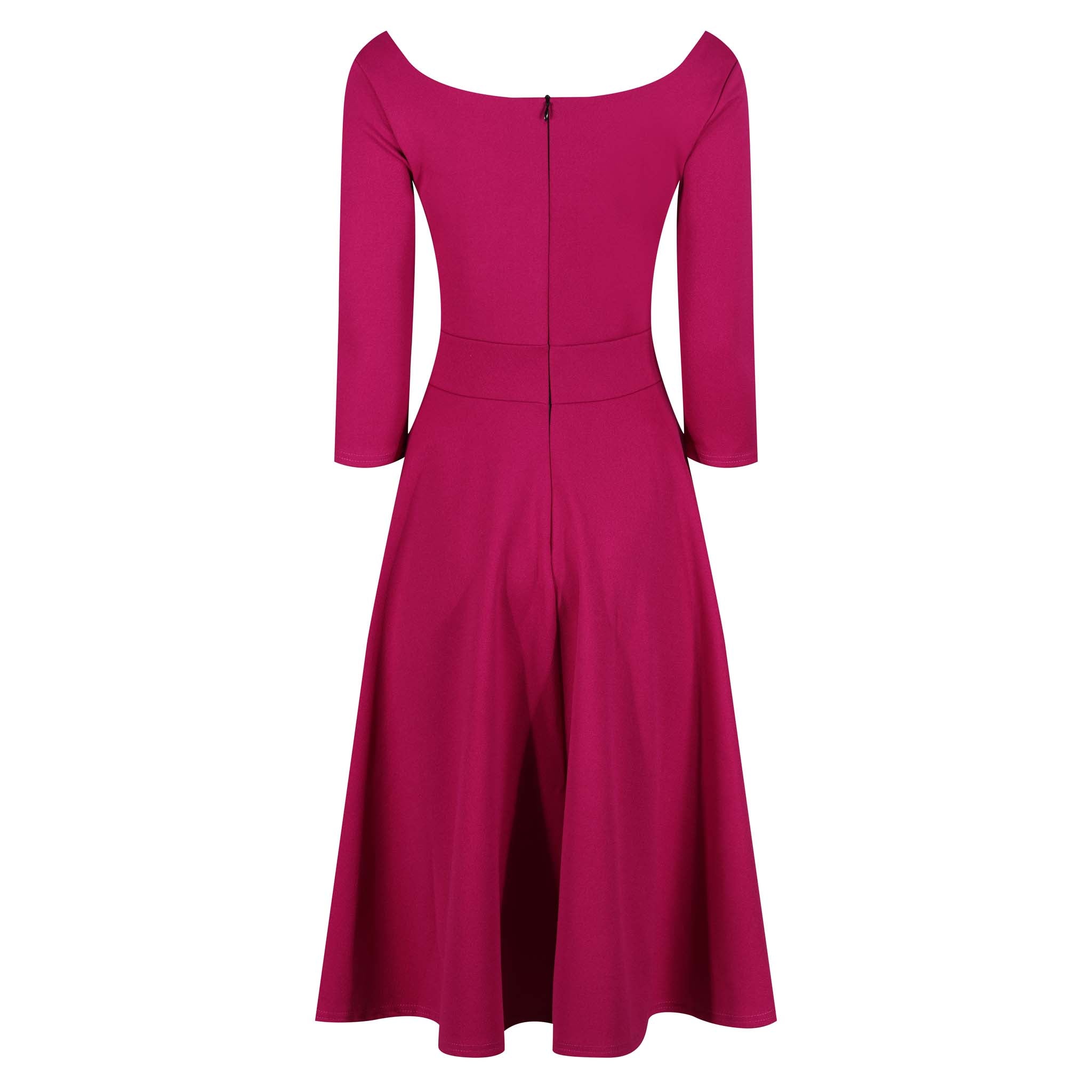 Magenta Diamond Neckline 3/4 Sleeve Vintage Swing Midi Dress