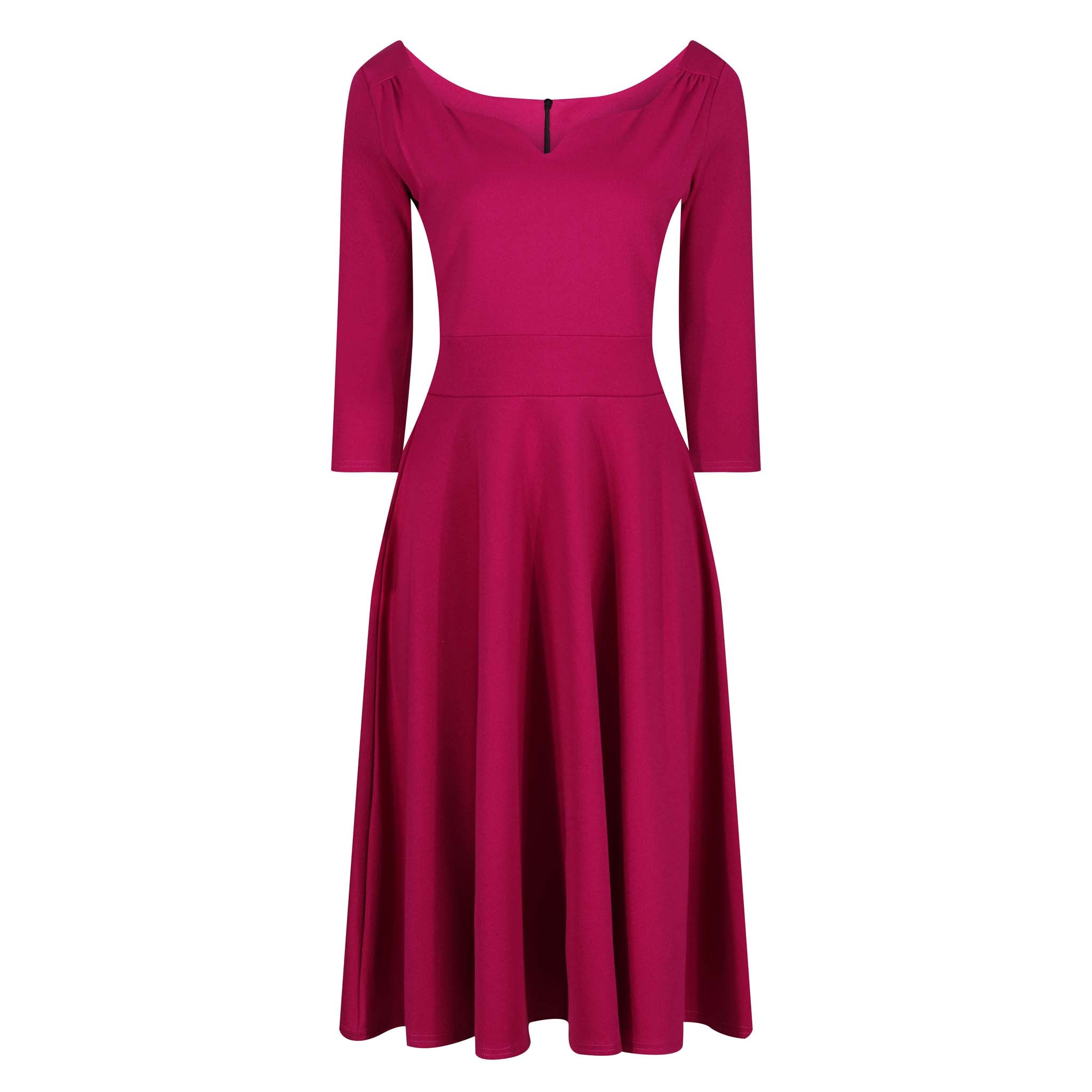 Magenta Diamond Neckline 3/4 Sleeve Vintage Swing Midi Dress