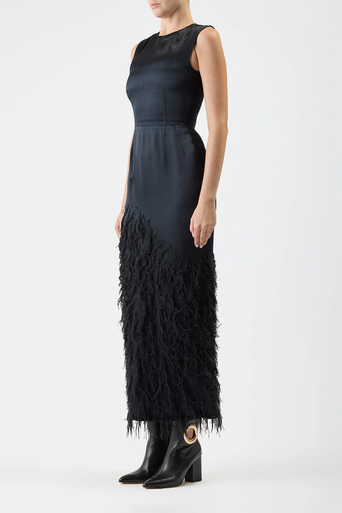 Maslow Feather Dress in Black Silk Satin