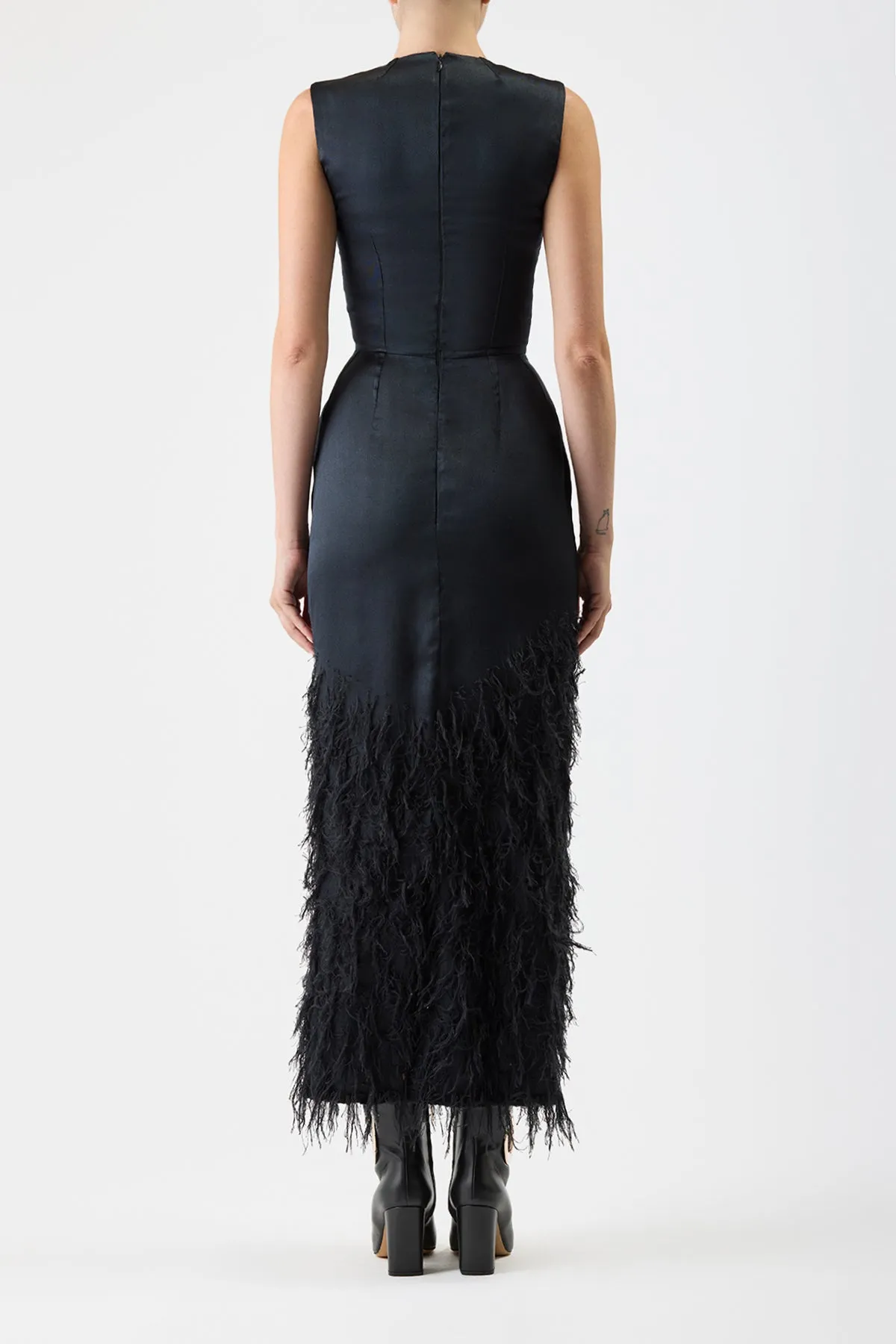 Maslow Feather Dress in Black Silk Satin