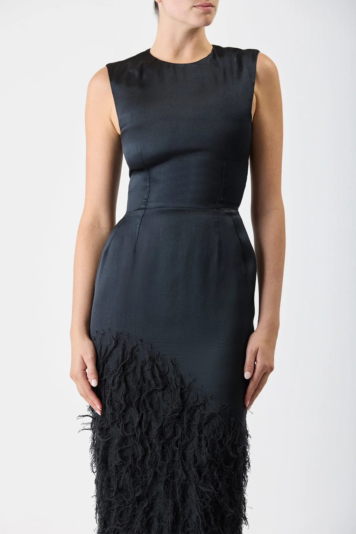 Maslow Feather Dress in Black Silk Satin