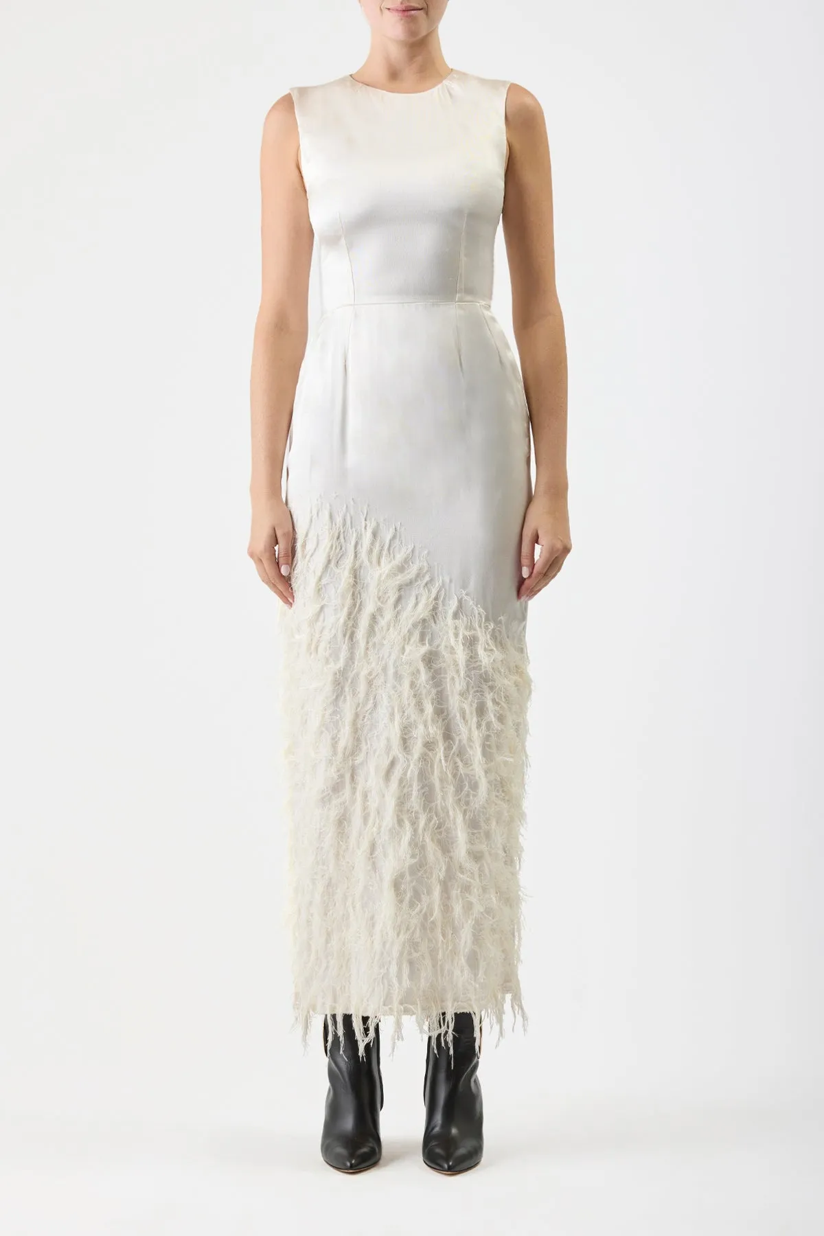 Maslow Feather Dress in Ivory Silk Satin