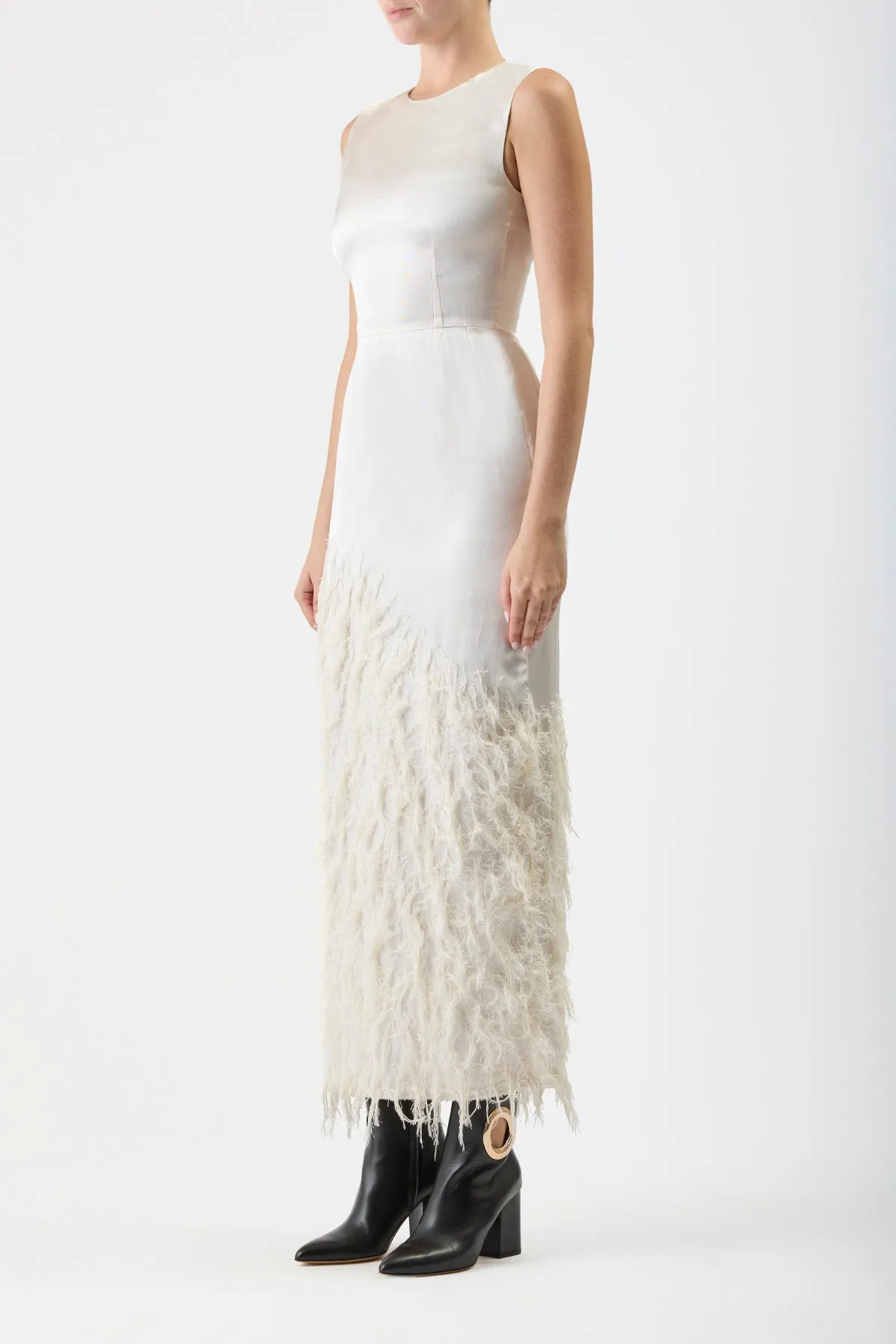 Maslow Feather Dress in Ivory Silk Satin