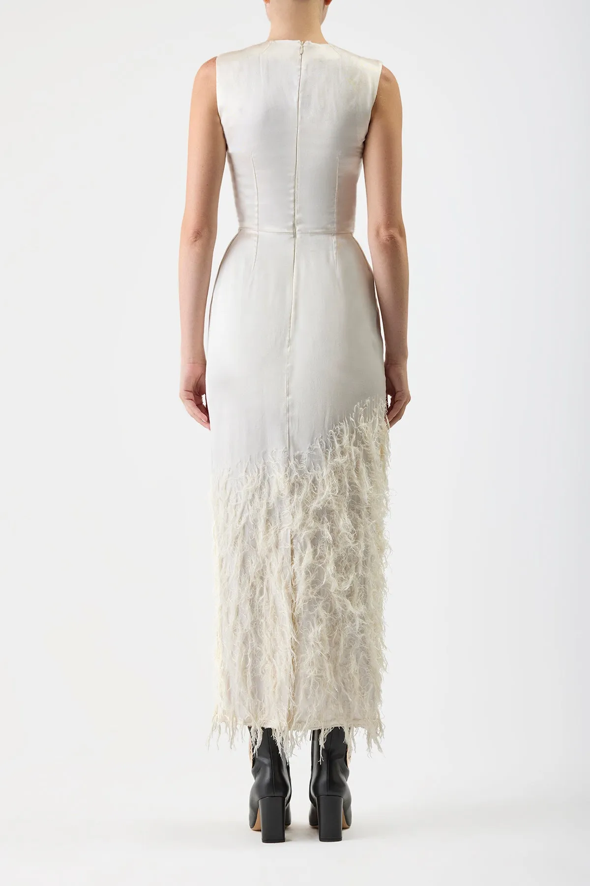 Maslow Feather Dress in Ivory Silk Satin