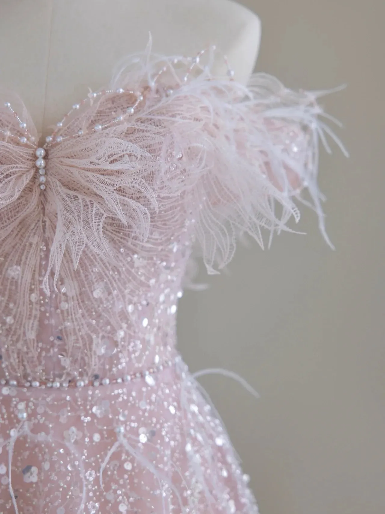 Off Shoulder Feather Pink Glitter Prom Dress