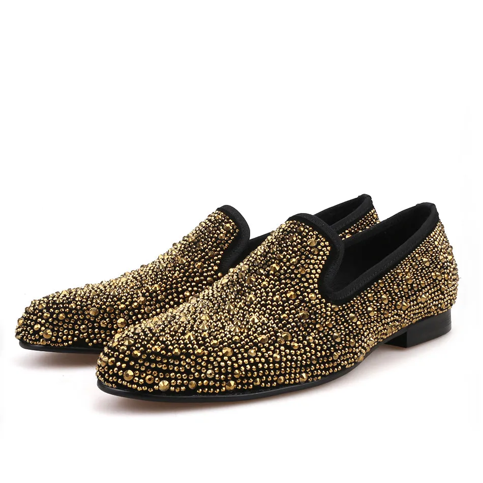 OneDrop Handmade Men Dress Shoes Gold Crystals Suede Crafted Wedding Party Prom Loafers