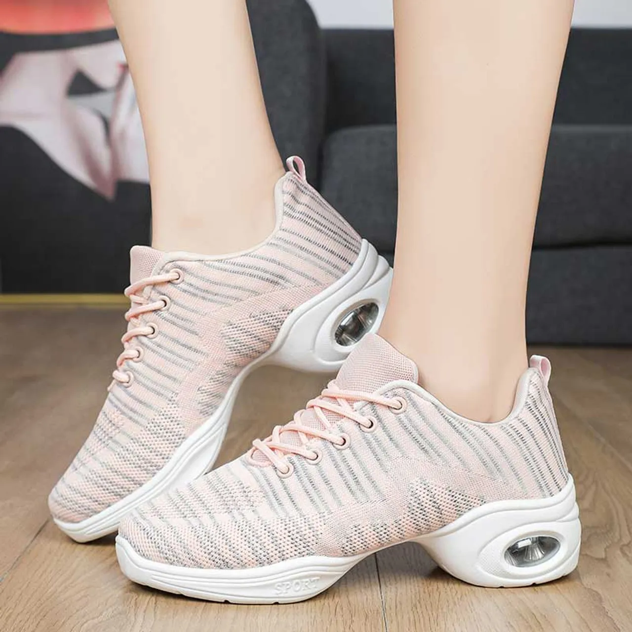 Pink flyknit stripe pattern texture casual shoe sneaker