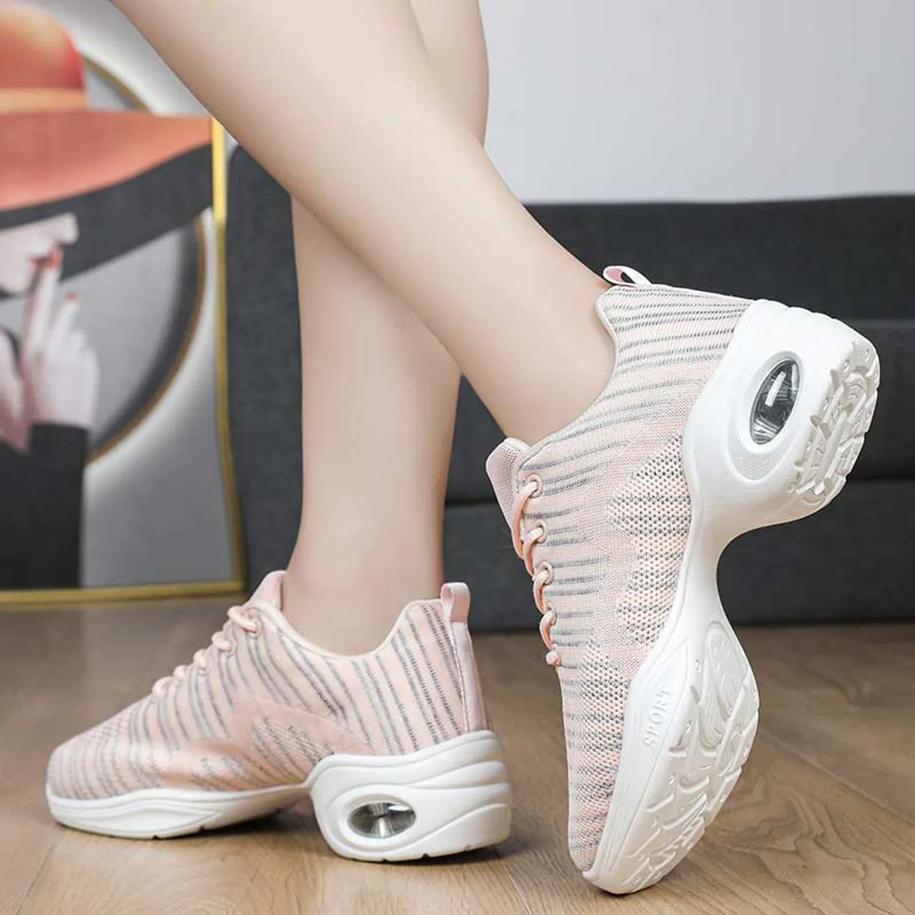 Pink flyknit stripe pattern texture casual shoe sneaker