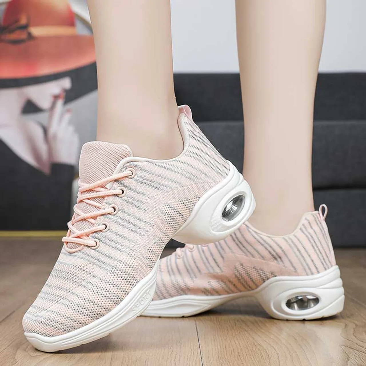 Pink flyknit stripe pattern texture casual shoe sneaker