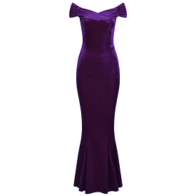 Purple Cap Sleeve Crossover Bust Fishtail Hem Velour Maxi Dress