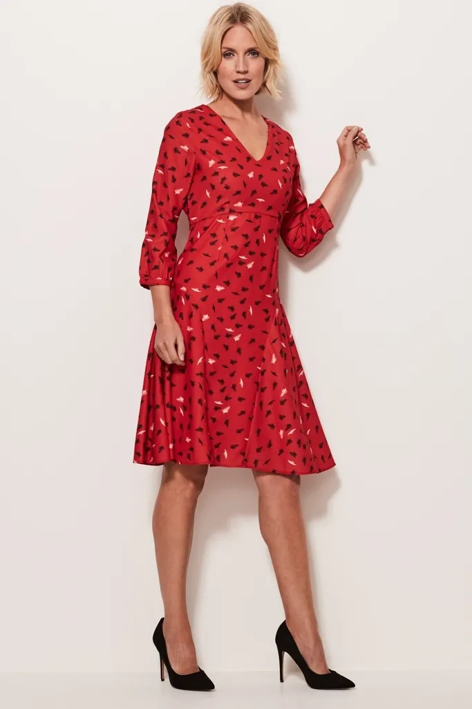 Red Feather Print Fit & Flare Dress