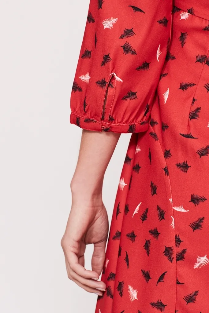 Red Feather Print Fit & Flare Dress