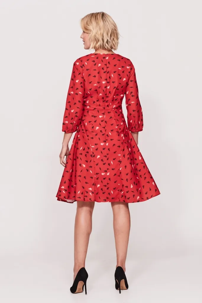 Red Feather Print Fit & Flare Dress