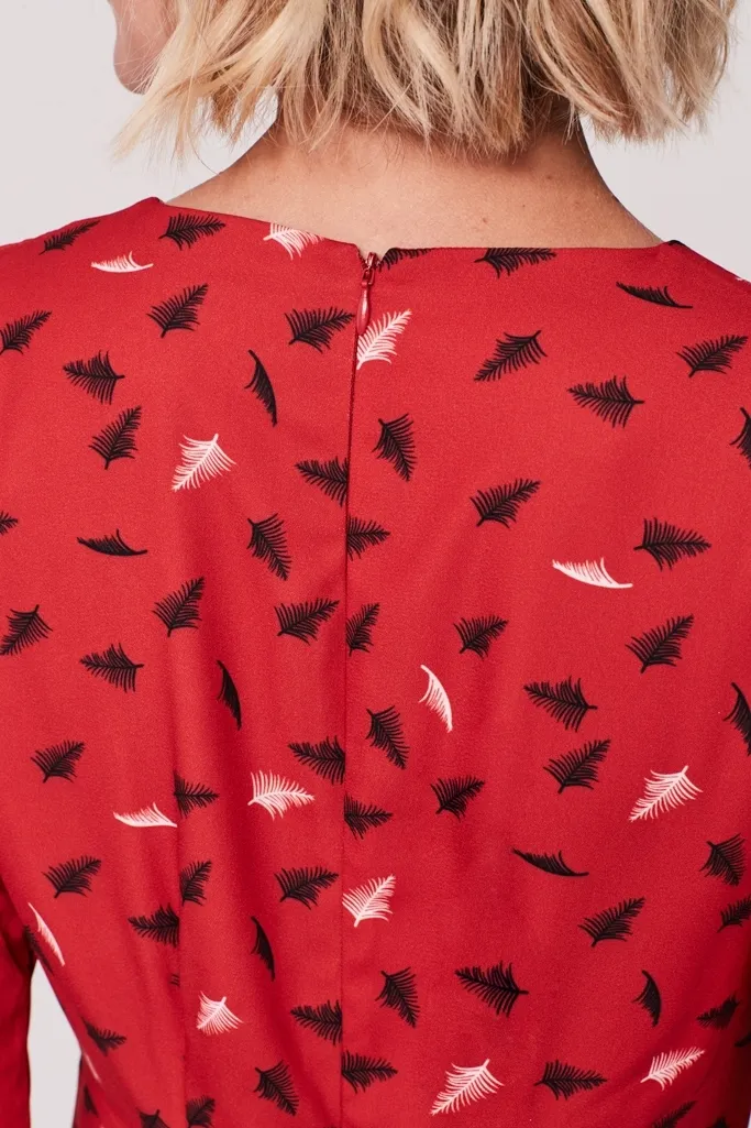 Red Feather Print Fit & Flare Dress