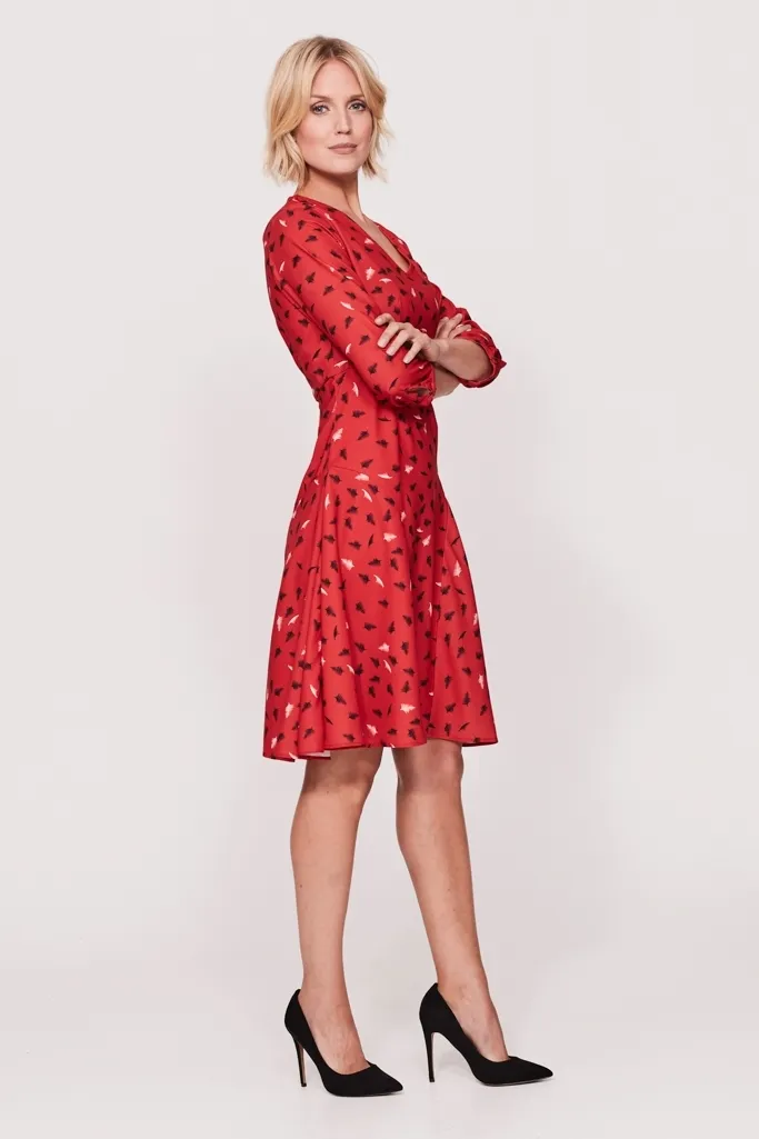 Red Feather Print Fit & Flare Dress