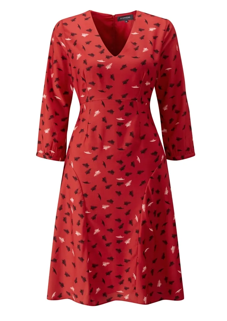 Red Feather Print Fit & Flare Dress