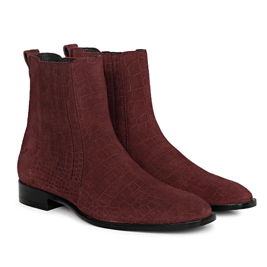 Saint Gorile Burgundy Croco Print Suede Leather Chelsea boot