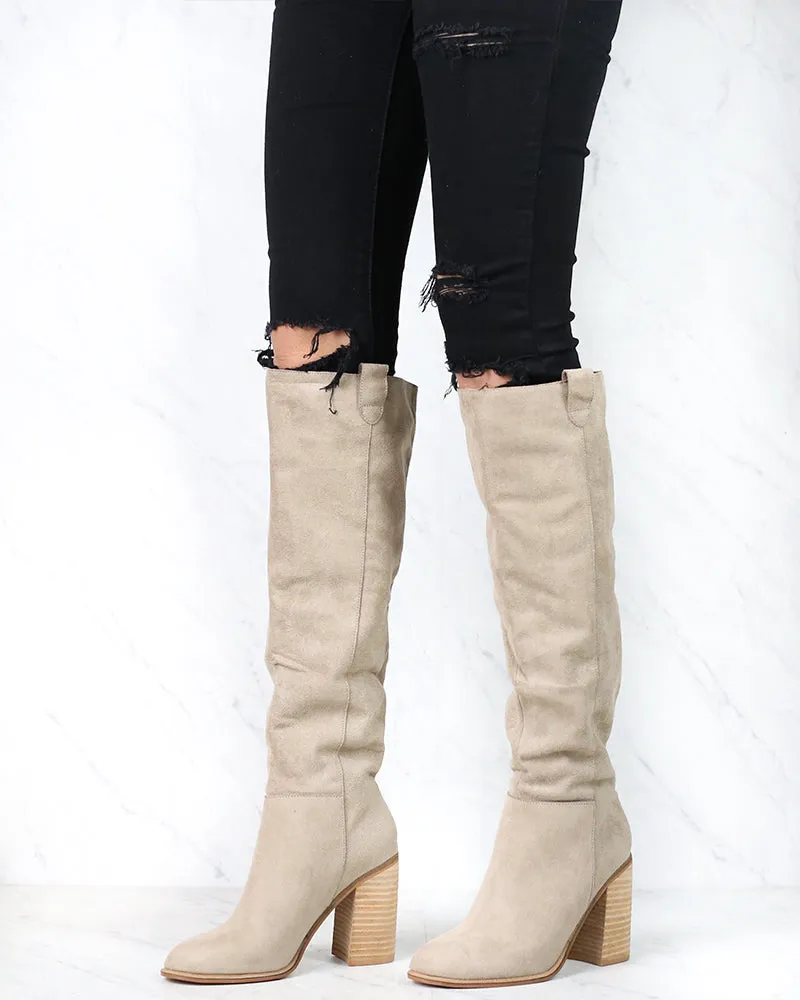 Saint Slouch Box Cut Knee High Suede Block Heel Boot in Grey