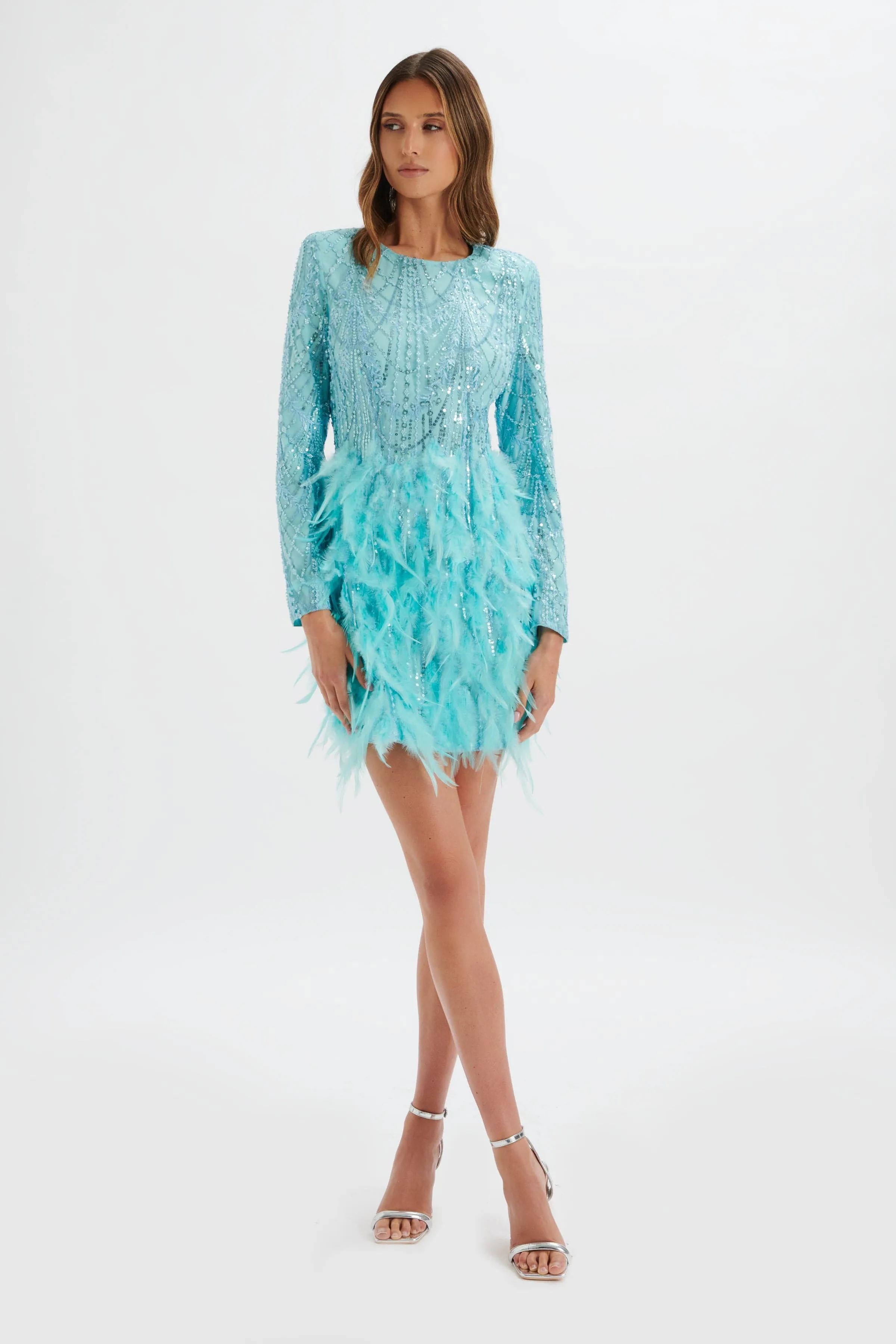 SELENE Embellished Feather Mini Dress in Blue