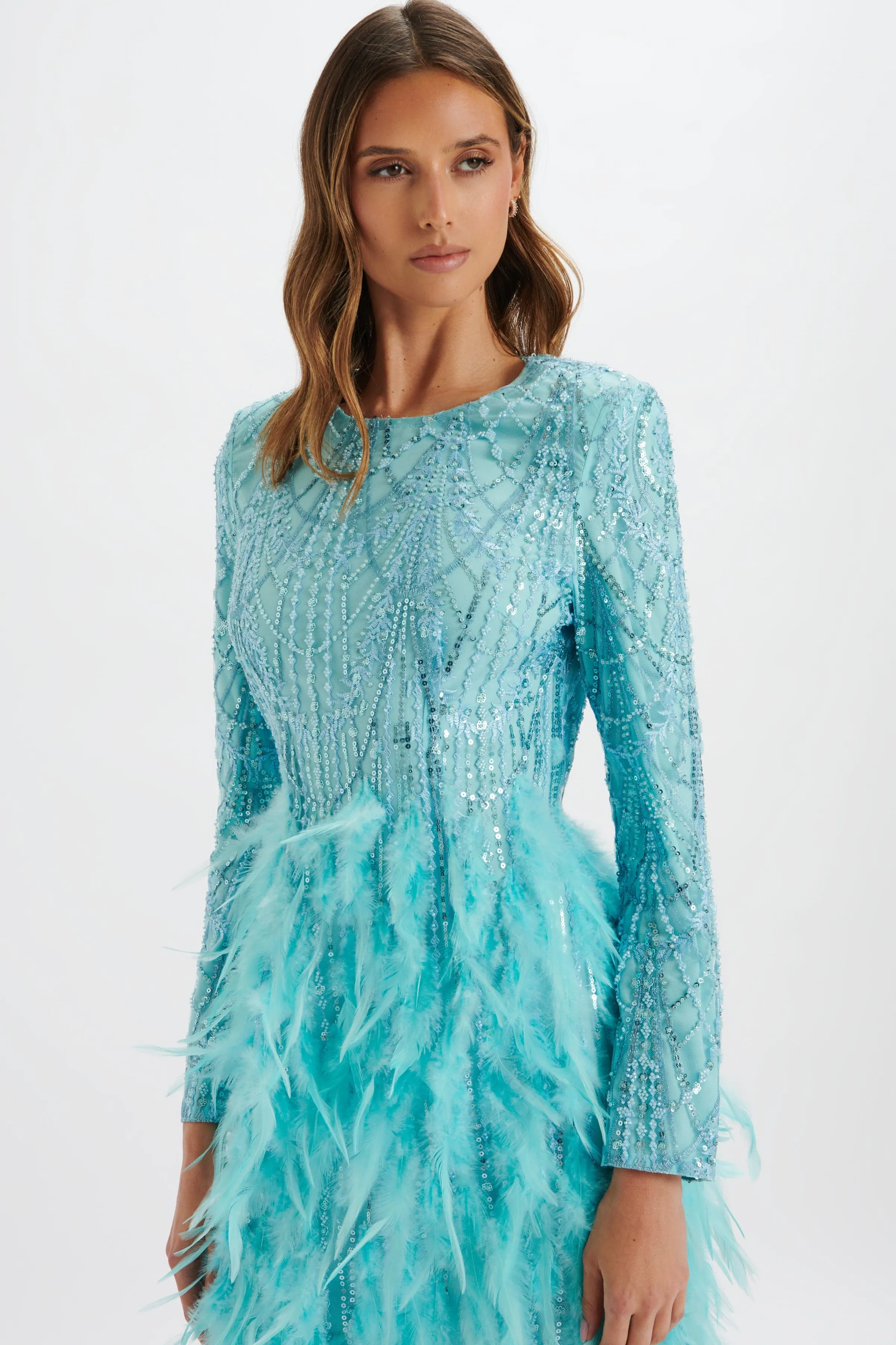 SELENE Embellished Feather Mini Dress in Blue