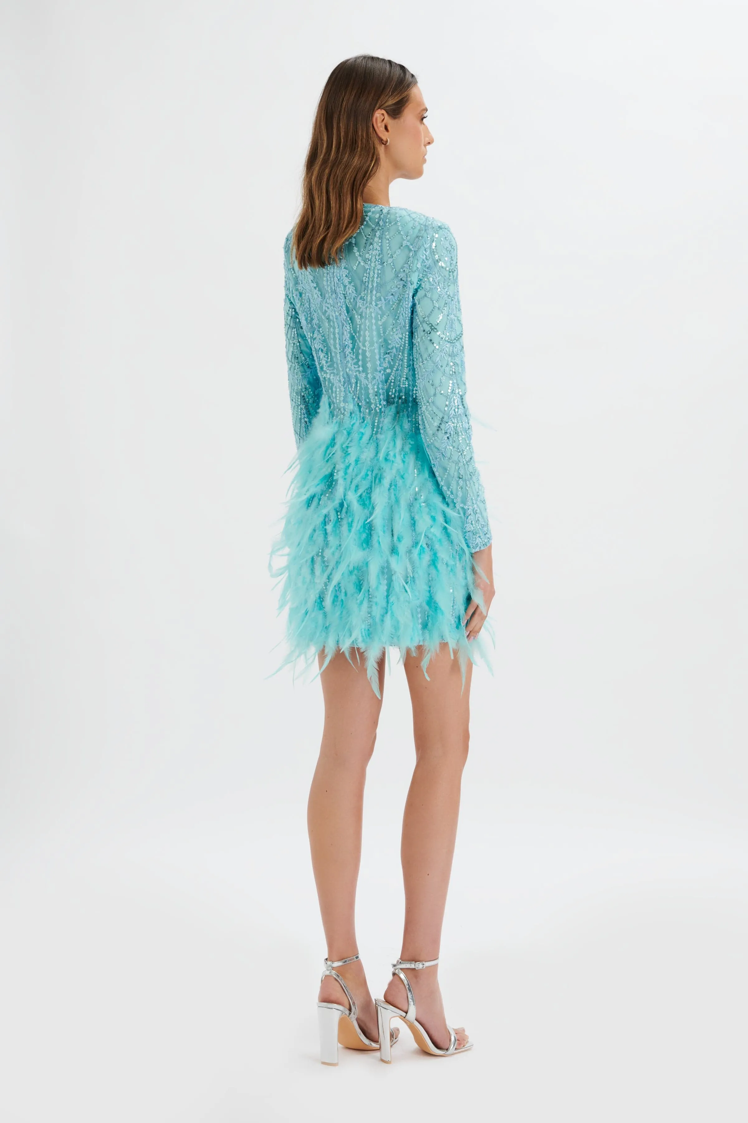 SELENE Embellished Feather Mini Dress in Blue