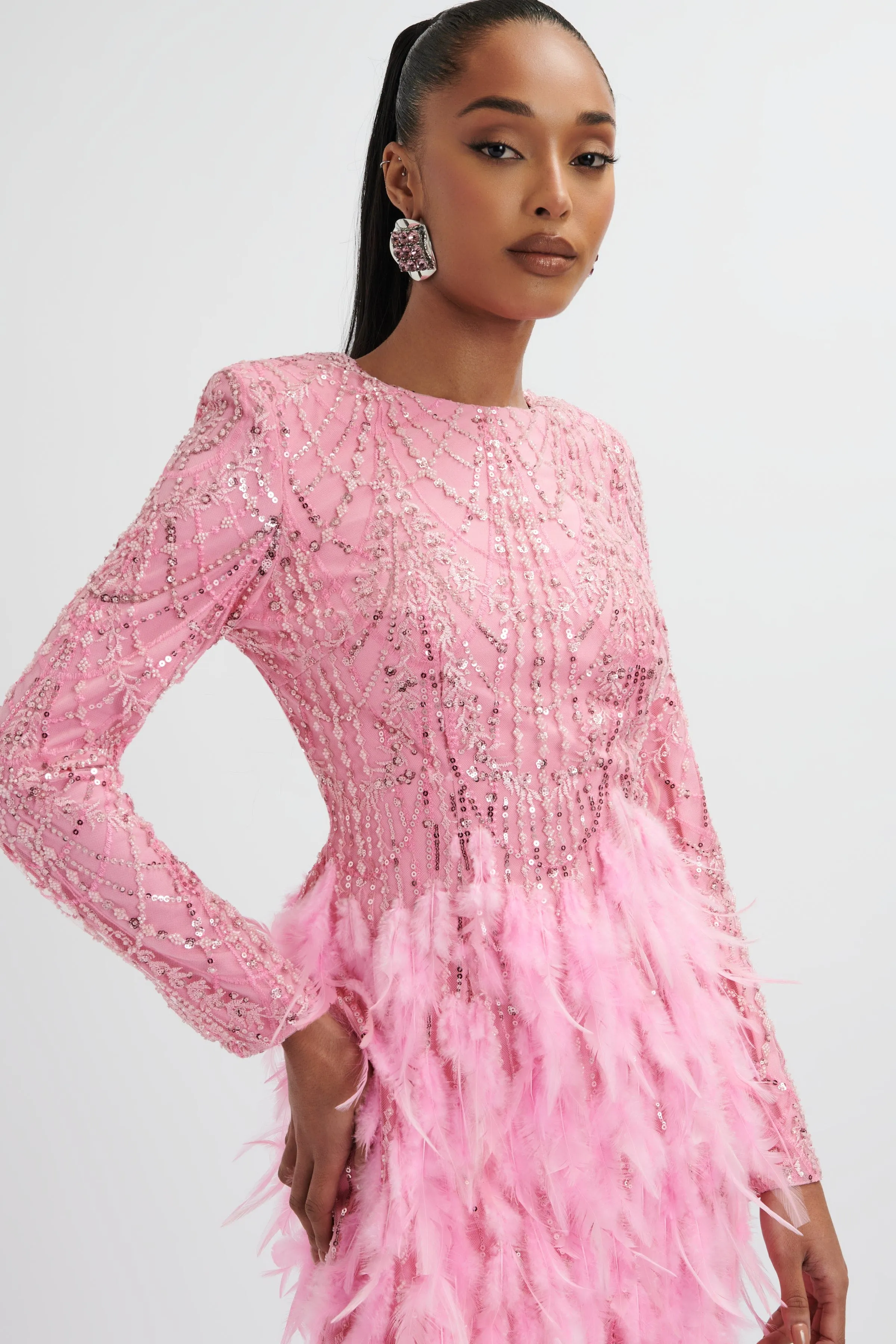 SELENE Embellished Feather Mini Dress In Pink